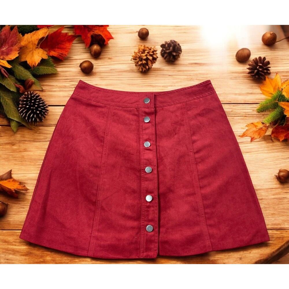 Divided By H&M Red A-Line Mini Skirt Sz 4 Silver Snap Buttons Faux Suede Retro